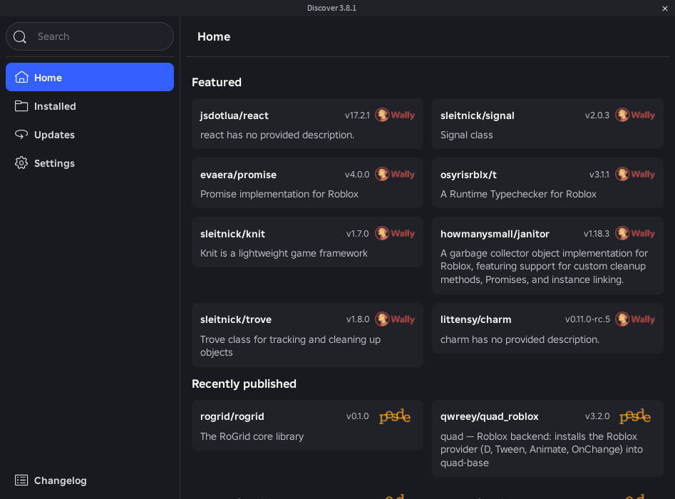The Studio Discover package manager running in Roblox Studio, showing packages from Wally and pesde.
